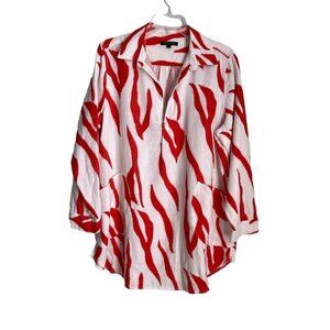 For Cynthia Woman Orange Ivory Linen Blend Roll Tab Sleeve Tunic Pockets